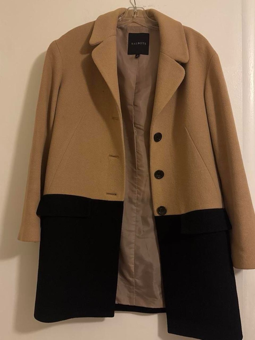 Talbots Wool Blend Colorblock Coat Size 8 Camel Black Long Button Front